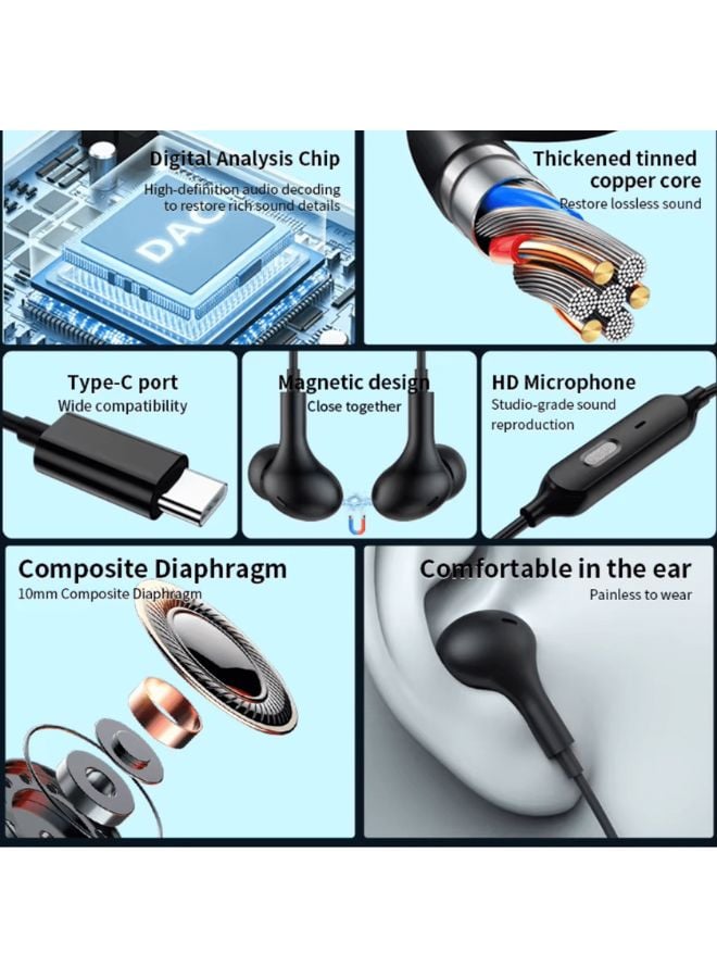 سماعات أذن سلكية تايب سي بخاصية تغيير  الاصوات،  مع بطاقة صوت وأزرار للتحكم في مستوى الصوت لاوضاع متعددة لتعديل الصوت،مع مايكرفون مدمج . أسود - Image 3